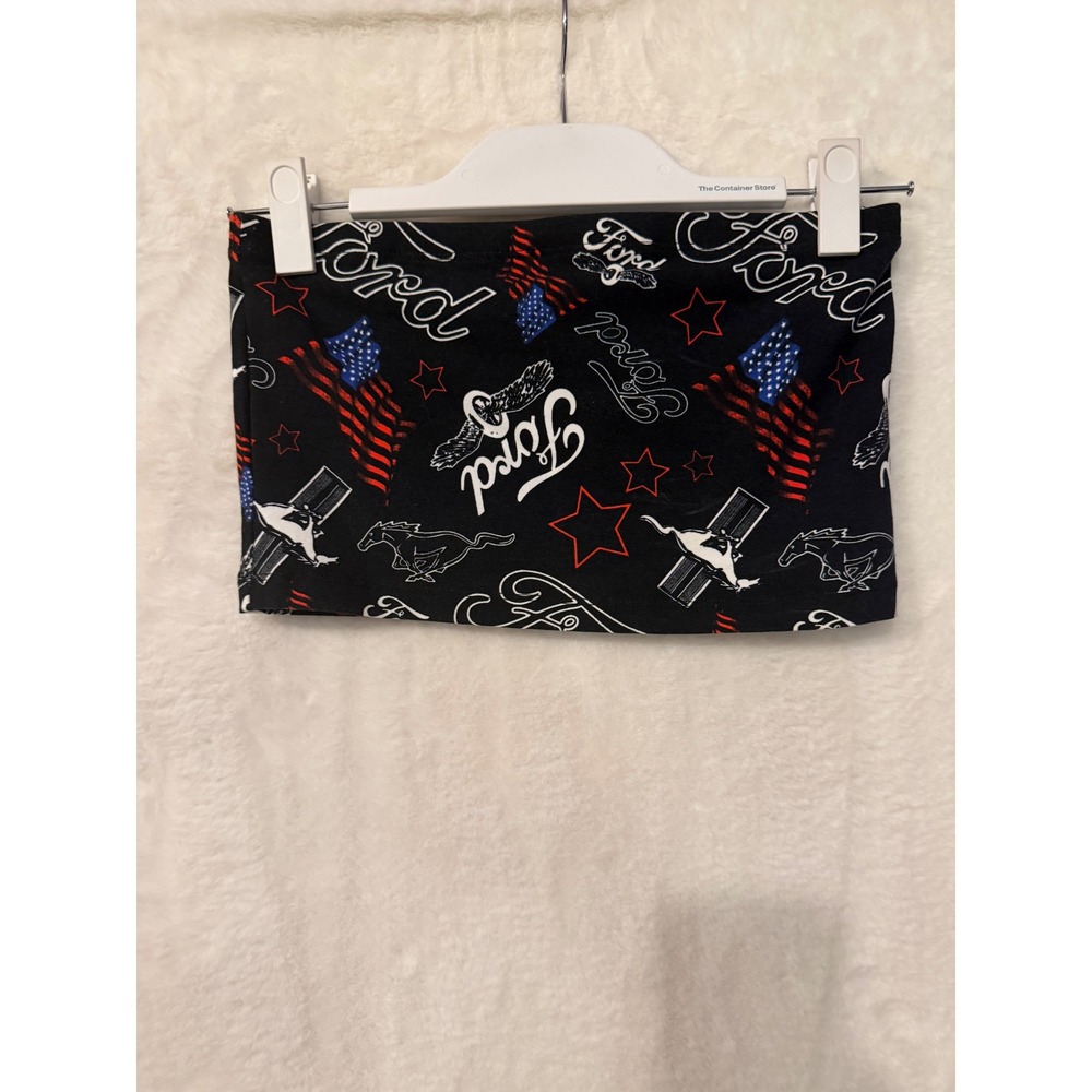 Forever 21 Ford Mustang Tube Top Womens Small Black Graphic American Flag Crop